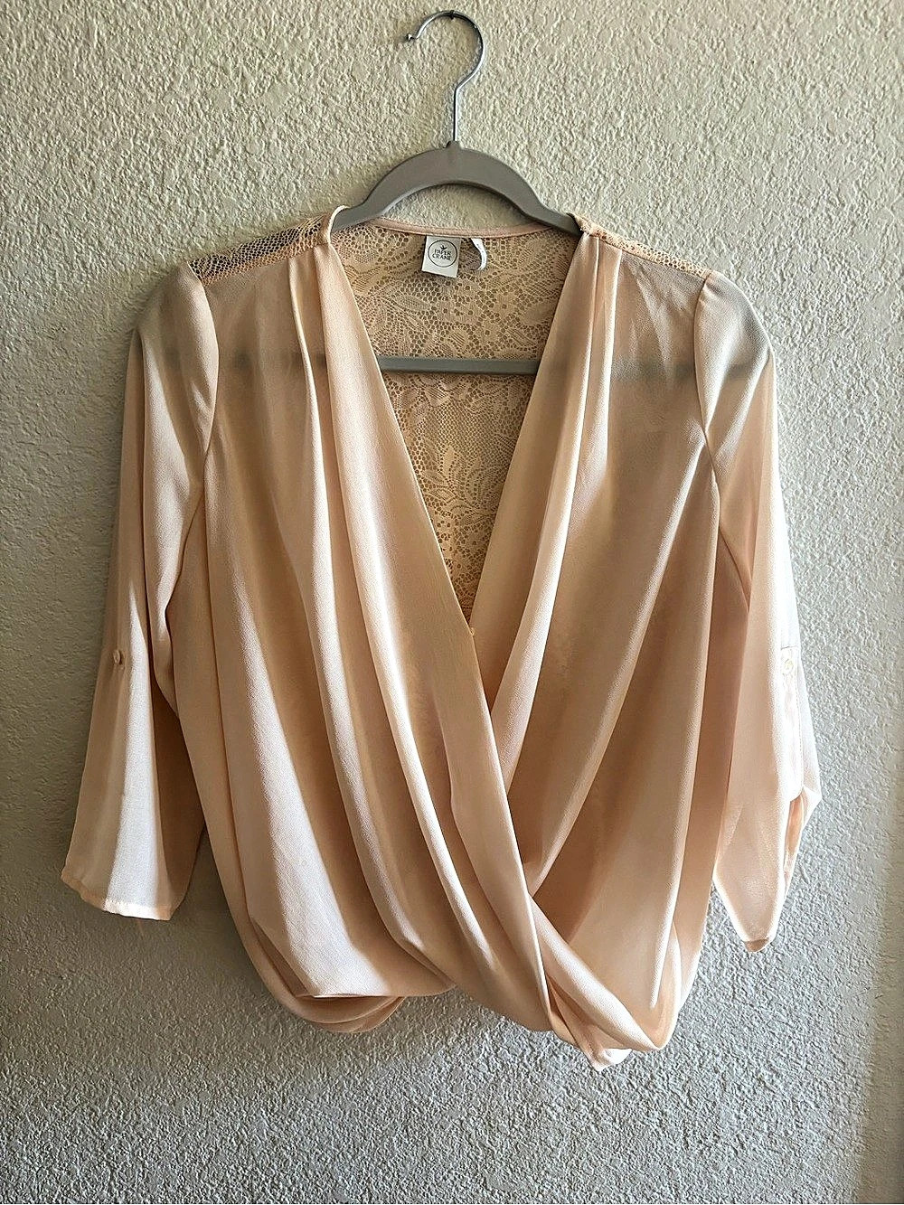Paper Crane Wrap Front Lace Back Blouse in Pink Like New Size Medium